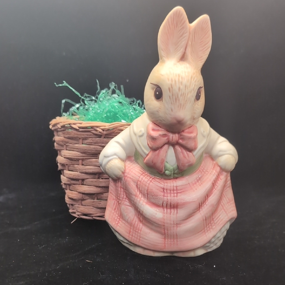 Charming Bunny Figurine with Basket - Pink and Cream